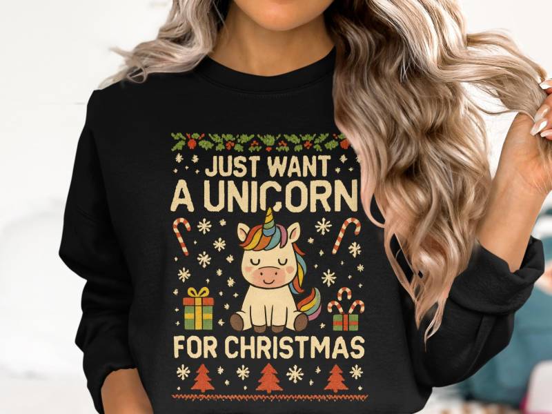 Unicorn Christmas Sweatshirt, Cute Xmas Pullover, I Just Want A For Sweater, Holiday Funny Shirt von onefivee