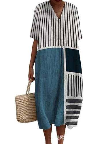 Abstrakt Colorblock Print Damen Boho Floral Midi Kleid Sommer Urlaub Casual Fließend Plissee Kurzarm Langes T-Shirt Kleid von oneforus