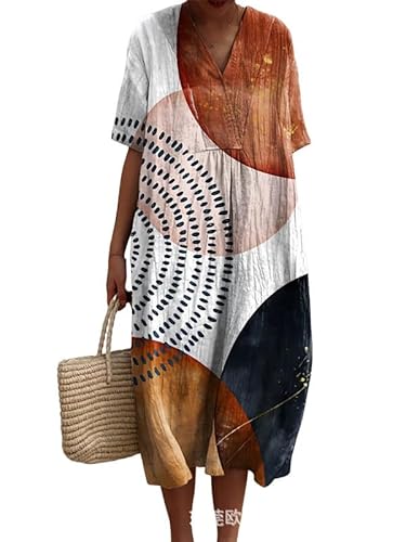 Abstrakt Colorblock Print Damen Boho Floral Midi Kleid Sommer Urlaub Casual Fließend Plissee Kurzarm Langes T-Shirt Kleid von oneforus