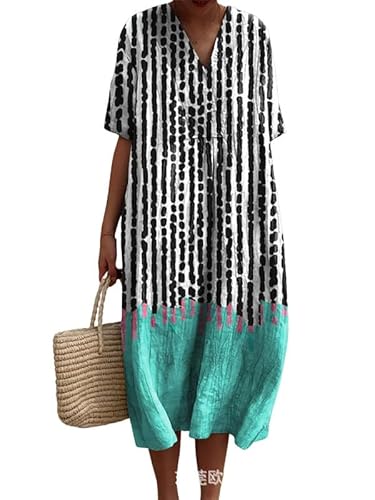 Abstrakt Colorblock Print Damen Boho Floral Midi Kleid Sommer Urlaub Casual Fließend Plissee Kurzarm Langes T-Shirt Kleid von oneforus