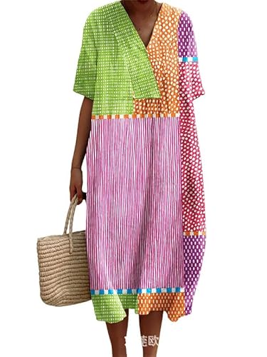 Abstraktes gestreiftes bedrucktes Damen-Boho-Midikleid mit Blumenmuster Sommerurlaub Casual fließend plissee kurzärmeliges langes T-Shirt-Kleid von oneforus