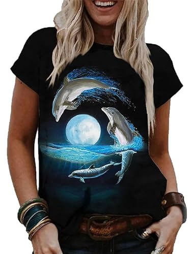 Damen Delfin 3D gedrucktes kurzärmeliges T-Shirt Niedliche Meerestiergrafik Druck Rundhals T-Shirts von oneforus