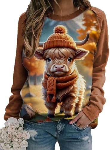 Damen Highland Cow 3D gedrucktes Sweatshirt T-Shirt Langarm Lässig Lustig Grafik Pullover Pullover Rundhalsausschnitt Tops Bluse von oneforus