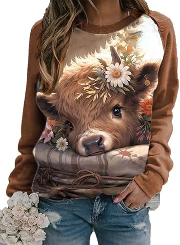 Damen Highland Cow 3D gedrucktes Sweatshirt T-Shirt Langarm Lässig Lustig Grafik Pullover Pullover Rundhalsausschnitt Tops Bluse von oneforus