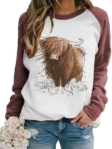 Damen Highland Cow 3D gedrucktes Sweatshirt T-Shirt Langarm Lässig Lustig Grafik Pullover Pullover Rundhalsausschnitt Tops Bluse von oneforus