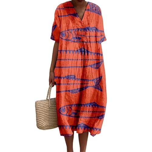 Damen Sommer Ozean Fisch Druck V-Ausschnitt Midikleider Baggy Boho Kleid Casual Locker Kurzarm Lange Kleider Damen Sommer Ozean Fisch Druck V-Ausschnitt Midikleider Baggy Boho Kleid Casual Locker Kurzarm Lange Kleider von oneforus