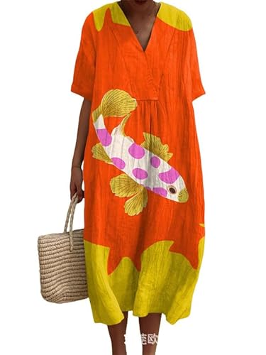 Damen Sommer Ozean Fisch Druck V-Ausschnitt Midikleider Baggy Boho Kleid Casual Locker Kurzarm Lange Kleider Damen Sommer Ozean Fisch Druck V-Ausschnitt Midikleider Baggy Boho Kleid Casual Locker Kurzarm Lange Kleider von oneforus
