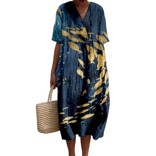 Damen Sommer Ozeanfisch Rote Hummer Kleider mit Blumendruck V-Ausschnitt Kurzarm Fließend Boho Casual Strand T-Shirt Kleid von oneforus