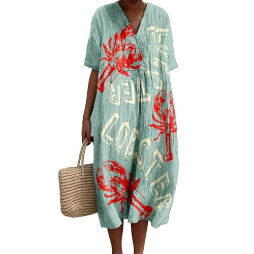 Damen Sommer Ozeanfisch Rote Hummer Kleider mit Blumendruck V-Ausschnitt Kurzarm Fließend Boho Casual Strand T-Shirt Kleid von oneforus