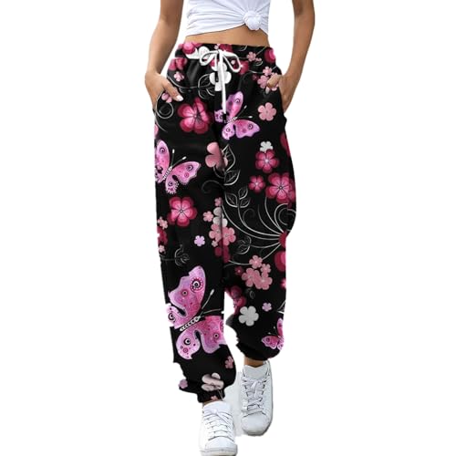 Damen Sweatpants Schmetterling Print Jogger Hose Funky Drawstring Elastische Taille Hose Gym Sport Hose mit Taschen von oneforus