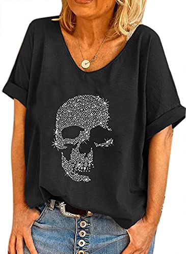 Damen Totenkopf Diamante Strass Design Baggy T Shirt Tops Punk Rock Mode Ärmellose T-Shirts von oneforus