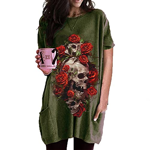 Damen Totenkopf Grafik Print Kurzarm Kleid Baggy Gothic Casual T-Shirt Kleider mit Taschen Punk Rock Fashion Ärmellose T-Shirts von oneforus