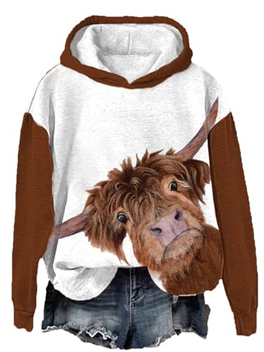 Frauen Highland Cow 3D-Druck Kapuzenpullover Langarm-Sweatshirt Lustige Grafik Druck Pullover Pullover Oberteile von oneforus
