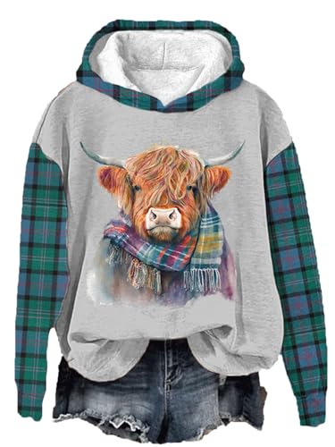Frauen Highland Cow 3D-Druck Kapuzenpullover Langarm-Sweatshirt Lustige Grafik Druck Pullover Pullover Oberteile von oneforus