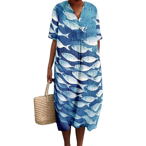 Frauen Ozean Fisch Lustig Tierdruck Boho Midi Kleid Casual Sommer V-Ausschnitt Kurzarm Strand Urlaub Kleider von oneforus