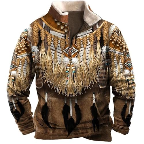 Herren Ethnisch Bedruckte Sweatshirts Indischer Wolf Bedruckt 1/4 Reißverschluss Langarm Herbst Winter Sweatshirt Native Style Stehkragen Pullover Top von oneforus