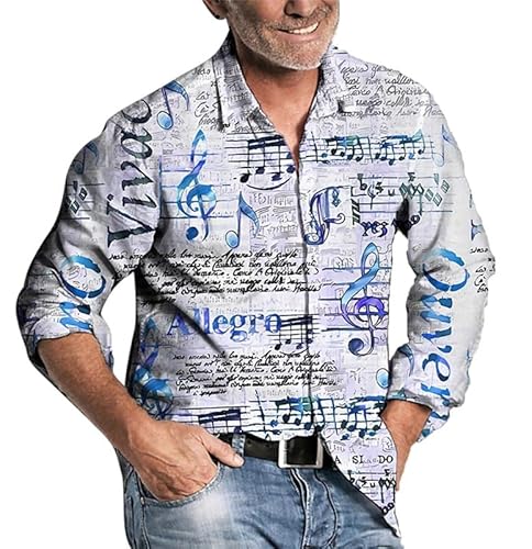 Herren Freizeithemd Vintage Musik Noten 3D gedruckt Langarm Hemden Mode Musiknote Druck Button Down Revers T Shirt Streetwear Top von oneforus