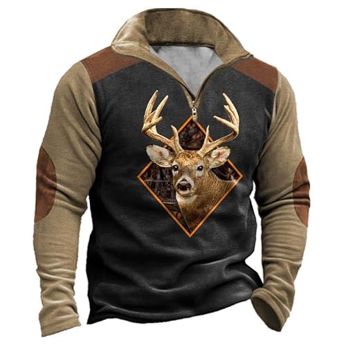 Herren Hirsch Jagd Western Sweatshirt Ethnisches Vintage Oberteil Langarm Hemd 1/4 Reißverschluss Stand Kragen Pullover Sweatshirts von oneforus