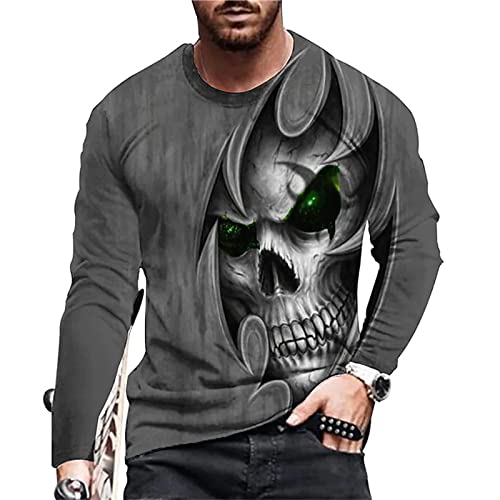 Herren T-Shirt mit Totenkopf Print Personality Fashion T-Shirt Rundhals Langarm T-Shirt von oneforus
