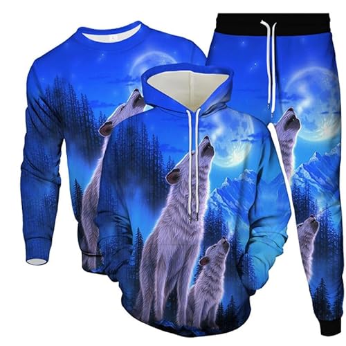 Herren Trainingsanzug Komplettset Tier Wolf 3D gedruckte Kapuzenpullover + Pullover + Hosen Set Hip Hop 3-teiliges Set Sportbekleidung von oneforus