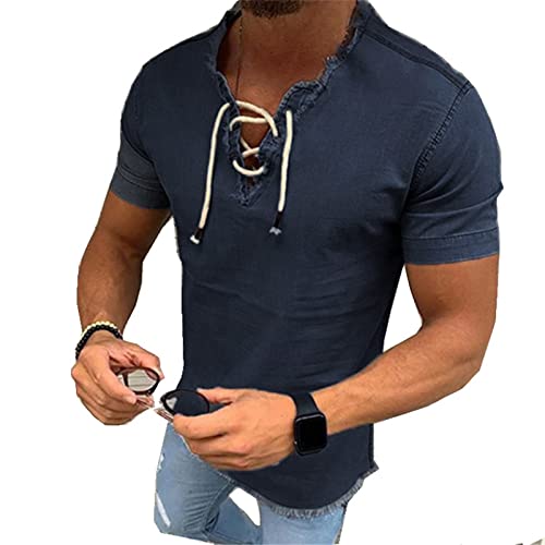 Herrenhemd Retro-Western-Denim-Hemden zum Schnüren mit V-Ausschnitt, Denim-Kurzarm-T-Shirt, dehnbares Oberteil von oneforus