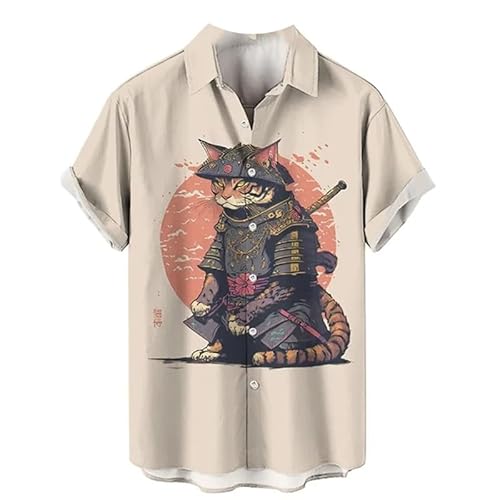 Männer Japanisch Stil Katze Muster Shirt Cartoon Anime Katze Kurze Ärmel Button Down Hemden Hawaii Strand Party Hemd Mode Streetwear Top von oneforus