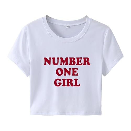 Number One Girl Crop T-Shirt Frauen Mädchen Y2K Crop Top Lustige Buchstaben Print Rundhalsausschnitt Kurzarm Slim Fit T-Shirts von oneforus