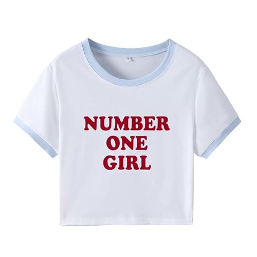 Number One Girl Crop T-Shirt Frauen Mädchen Y2K Crop Top Lustige Buchstaben Print Rundhalsausschnitt Kurzarm Slim Fit T-Shirts von oneforus