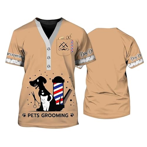 Tierhandlung Pflege Arbeitsuniformen T-Shirts Tier Hundefriseur 3D-gedruckt Kurzarm Herren Damen Arbeitskleidung Rundhalsausschnitt Pullover Tops (kein Reißverschluss/Knöpfe) von oneforus