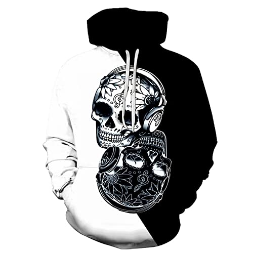 3D-Druck Männer und Frauen Kapuzenpullover Langarm Pullover mit Taschen Hoodie Schwarz-weißer Totenkopf Pullover von oneforus
