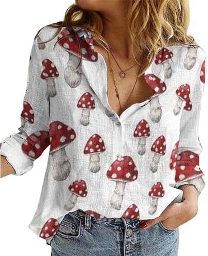 oneforus 3D Pilz gedruckt Damen Langarm Knopf Hemd Elegant Einreihig Revers Lässig Mode Hemden Bluse von oneforus