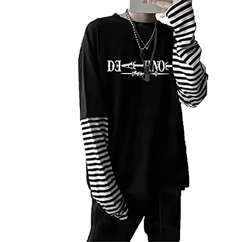 oneforus Anime Death Note Gedruckt Langarm T-Shirt Streetwear Hip Hop Unisex Oversize Fake Two Streifen Ärmel T-Shirts von oneforus