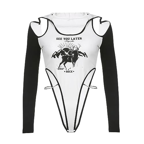 oneforus Damen Bodys Langarm Straßenstil Ausgehen Bodys Tops Color Blocking Patchwork Trägerlos Langarmshirt Kettendesign Bedruckt Slim Kapuzen-Jumpsuit von oneforus