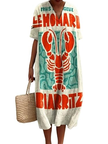 oneforus Damen Freizeitkleid Langusten Rot Hummer Bedruckt V-Ausschnitt Kurzarm Sommer Strand Urlaub Kleider von oneforus