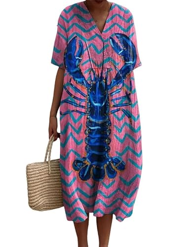 oneforus Damen Freizeitkleid Langusten Rot Hummer Bedruckt V-Ausschnitt Kurzarm Sommer Strand Urlaub Kleider von oneforus
