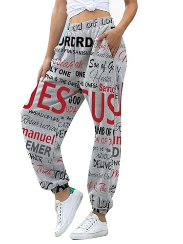 oneforus Damen Jesus Grafik Buchstabendruck Elastische Taille Jogginghose Farbblock Kuschelige Laufhose Jogginghose von oneforus