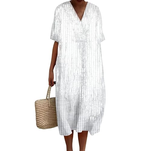 oneforus Damen Künstlerischer Blumendruck Midikleid Casual Sommer V-Ausschnitt Kurzarm Strand Urlaub Boho Kleider von oneforus