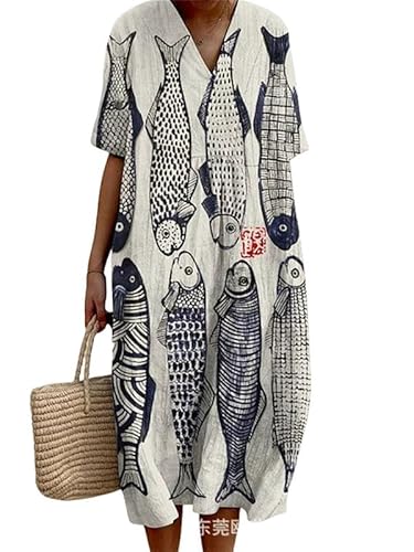 Damen Sommer Ozean Fisch Druck V-Ausschnitt Midikleider Baggy Boho Kleid Casual Locker Kurzarm Lange Kleider von oneforus