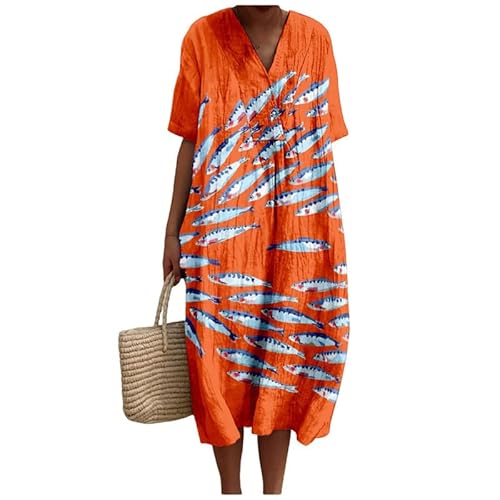 Damen Sommer Ozean Fisch Druck V-Ausschnitt Midikleider Baggy Boho Kleid Casual Locker Kurzarm Lange Kleider Damen Sommer Ozean Fisch Druck V-Ausschnitt Midikleider Baggy Boho Kleid Casual Locker Kurzarm Lange Kleider von oneforus