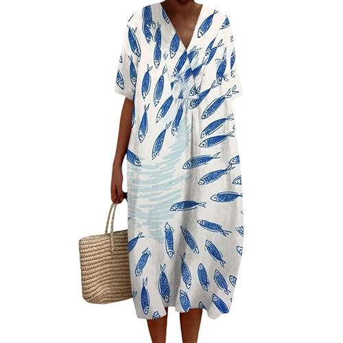 oneforus Damen Sommer Strand Langes Kleid Ozean Sardinen Meerestiere Fisch 3D-Druck V-Ausschnitt Kurzarm Böhmische Maxiröcke Lose Dame Fließende Kleider von oneforus