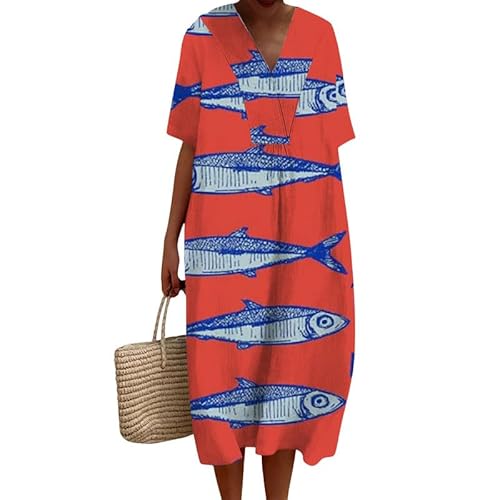 oneforus Damen Sommer Strand Langes Kleid Ozean Sardinen Meerestiere Fisch 3D-Druck V-Ausschnitt Kurzarm Böhmische Maxiröcke Lose Dame Fließende Kleider von oneforus