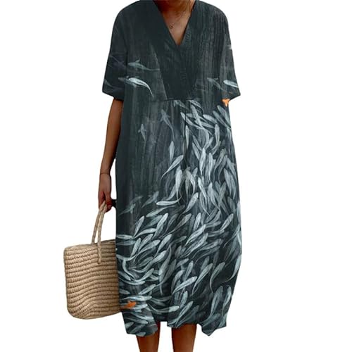 Damen Sommer V-Ausschnitt Midikleider Japanisch Kunst Ozean Fisch Print Boho Kleid Casual Locker Kurzarm Lange Kleider Damen Sommer V-Ausschnitt Midikleider Japanisch Kunst Ozean Fisch Print Boho Kleid Casual Locker Kurzarm Lange Kleider von oneforus