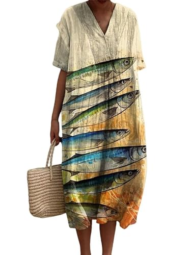 Damen Sommer V-Ausschnitt Midikleider Japanisch Kunst Ozean Fisch Print Boho Kleid Casual Locker Kurzarm Lange Kleider von oneforus
