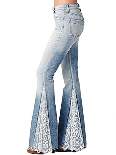 oneforus Damen-Spitzenstich-Retro-Jeans Washed Distressed Flared Jeans von oneforus