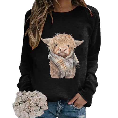 oneforus Damen Sweatshirt Highland Cow Print T-Shirts Langarm Lässiger Rundhalspullover Pullover Neuheit Grafik T-Shirts von oneforus