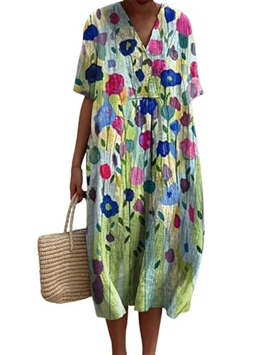 oneforus Damen Vintage Blumendruck V-Ausschnitt Kurzarm Kleid Casual Sommer Strand Urlaub Midikleider von oneforus