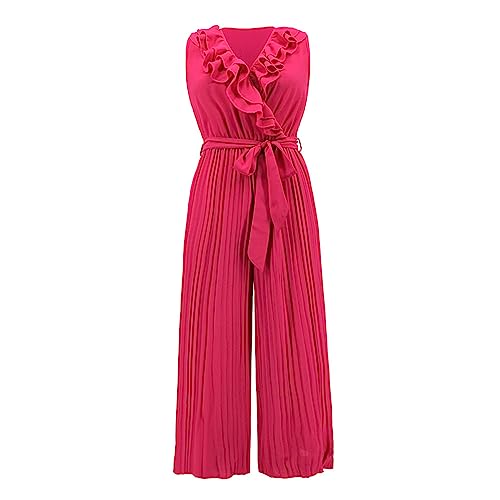 oneforus Elegante Jumpsuits für Damen mit V-Ausschnitt ärmelloser Strampler mit weitem Bein Hoher elastischer Taille mit Rüschen Fließender plissierter Jumpsuit mit Gürtel für Damen von oneforus
