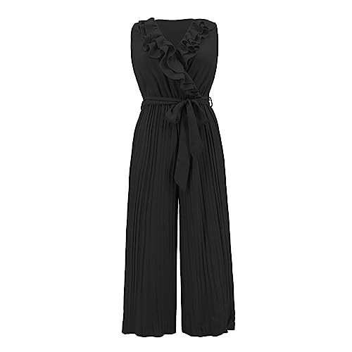 oneforus Elegante Jumpsuits für Damen mit V-Ausschnitt ärmelloser Strampler mit weitem Bein Hoher elastischer Taille mit Rüschen Fließender plissierter Jumpsuit mit Gürtel für Damen von oneforus