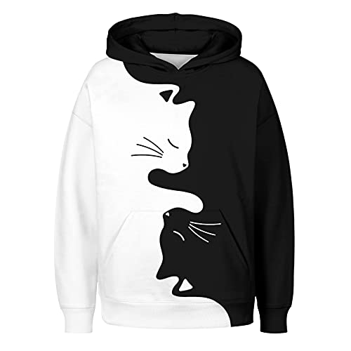 oneforus Frauen-Katzen-Print-Hoodie - süßes schwarzes weißes Katzen-Druck-Kapuzen-Sweatshirt Zwei Katzen-Druck-Langarm-Pullover-Oberteil mit Tasche von oneforus