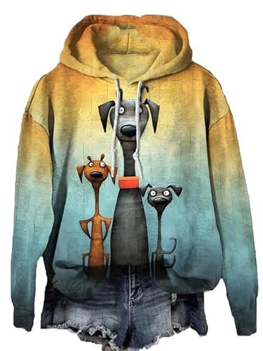 oneforus Frauen Niedlicher Hund 3D Gedruckter Kapuzenpullover Langarm Pullover Sweatshirts Outdoor Street Hoodies mit Tasche von oneforus